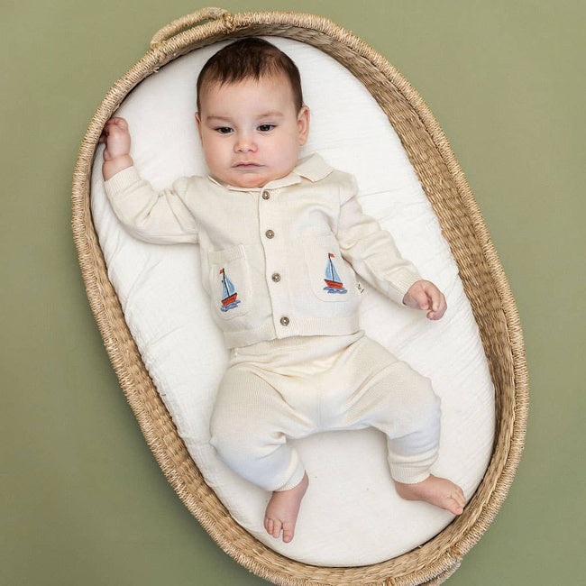 Sailboat Embroidered Pocket Baby Shirt & Pants Set, Viverano Organics nautical baby boy organic cotton button-front shirt with sailboat embroidered pockets and matching pants