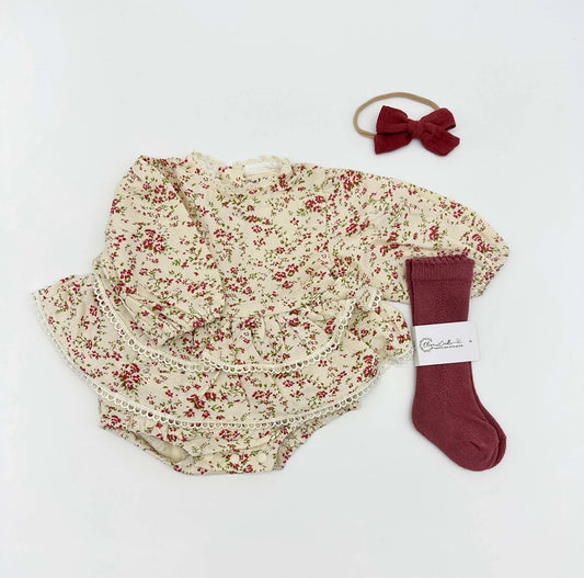 floral baby romper with bow & tights baby romper – Olive Sprout Kids