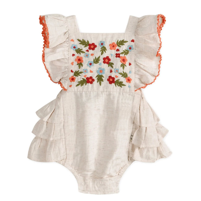 Anya Embroidered Baby Romper & Headband Set (Organic Cotton Linen Blend)