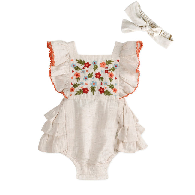 Anya Embroidered Baby Romper & Headband Set (Organic Cotton Linen Blend)