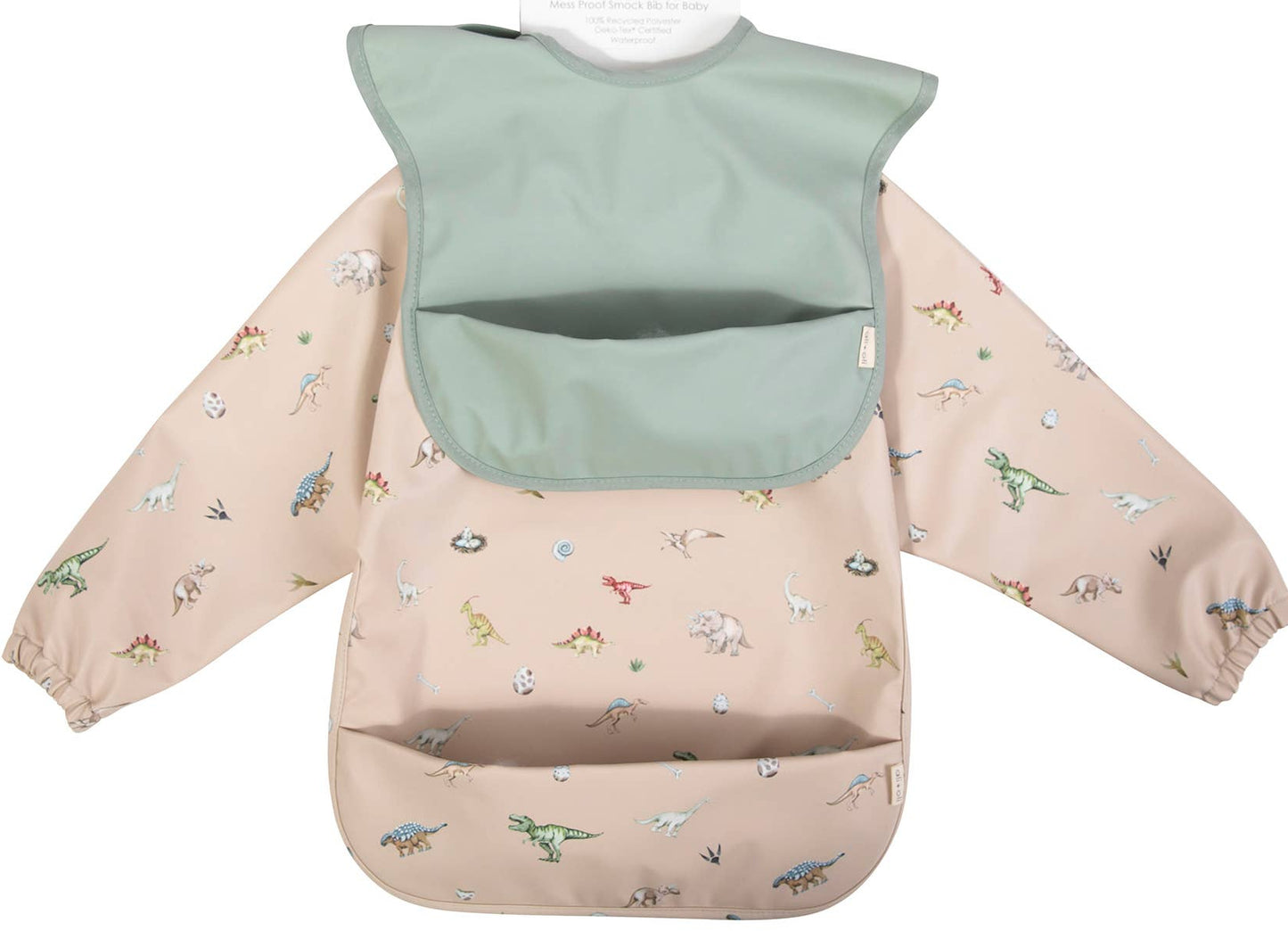 BPA-free Dinosaur Print Smock Bib set with catch-all pocket