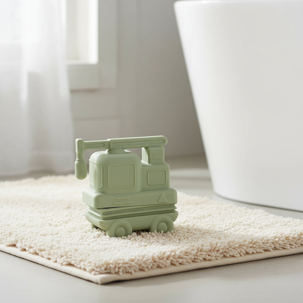 BPA-free silicone construction vehicles bath toy set opened for drying