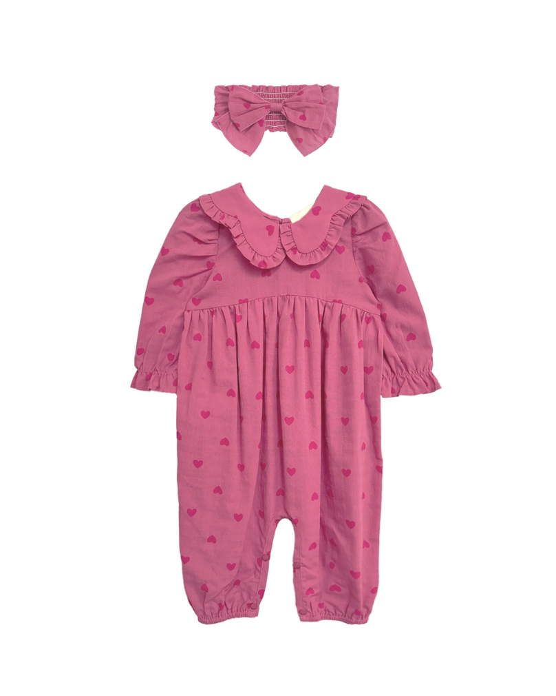 Baby girl wearing pink romper & headband set on knit blanket — soft, breathable 0–4T outfit