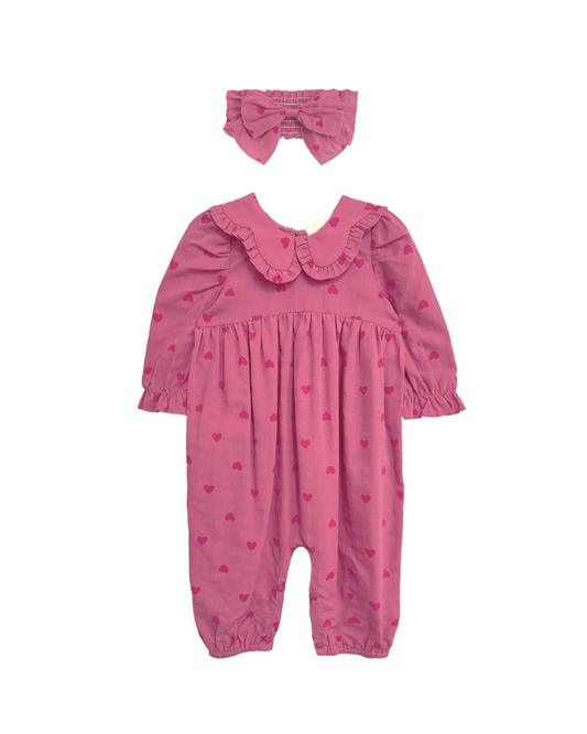 Baby girl wearing pink romper & headband set on knit blanket — soft, breathable 0–4T outfit