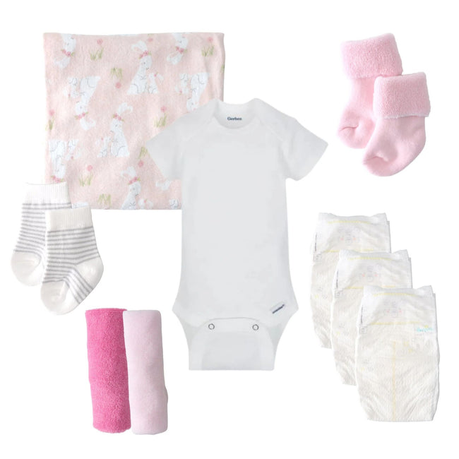 Bunny Blossom Baby Girl Gift Set, layette bouquet handcrafted from diapers, socks, bodysuit, blanket, and washcloths in a bunny theme