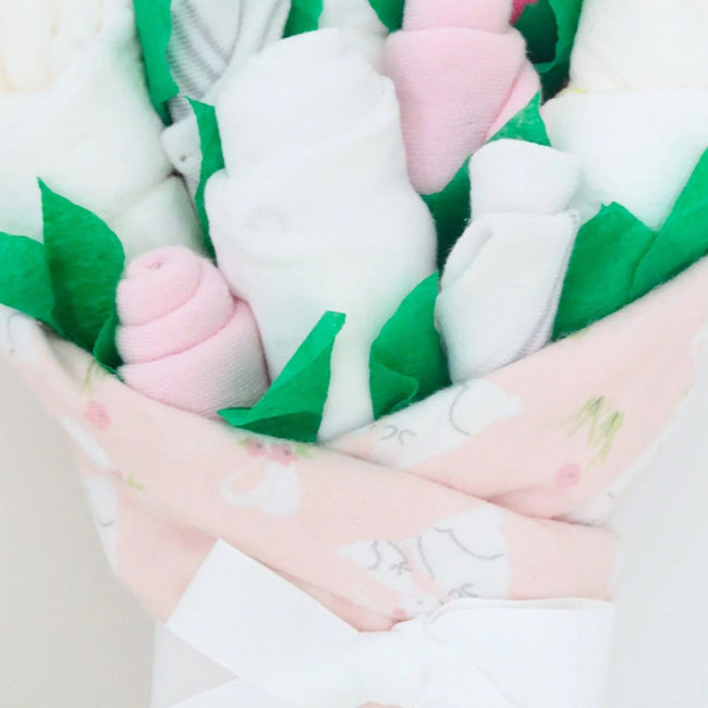 Bunny Blossom Baby Girl Gift Set, layette bouquet handcrafted from diapers, socks, bodysuit, blanket, and washcloths in a bunny theme