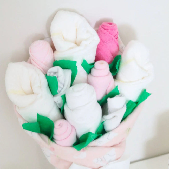 Bunny Blossom Baby Girl Gift Set, layette bouquet handcrafted from diapers, socks, bodysuit, blanket, and washcloths in a bunny theme
