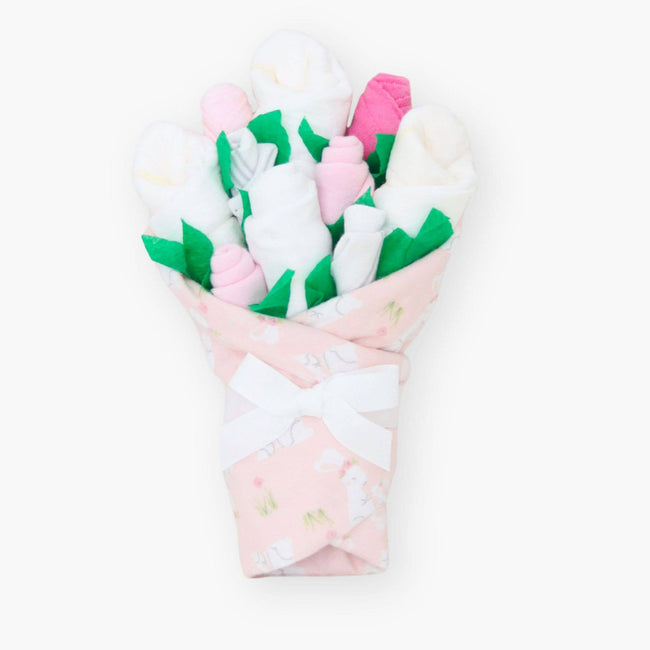 Bunny Blossom Baby Girl Gift Set, layette bouquet handcrafted from diapers, socks, bodysuit, blanket, and washcloths in a bunny theme