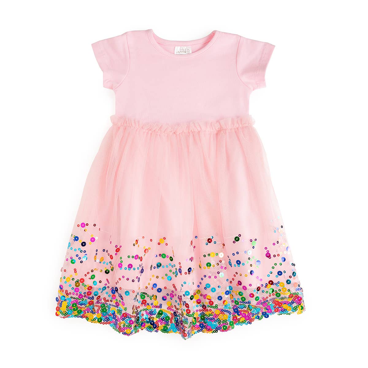 Close-up of rainbow confetti tulle on Pink Confetti Tutu Dress for toddlers