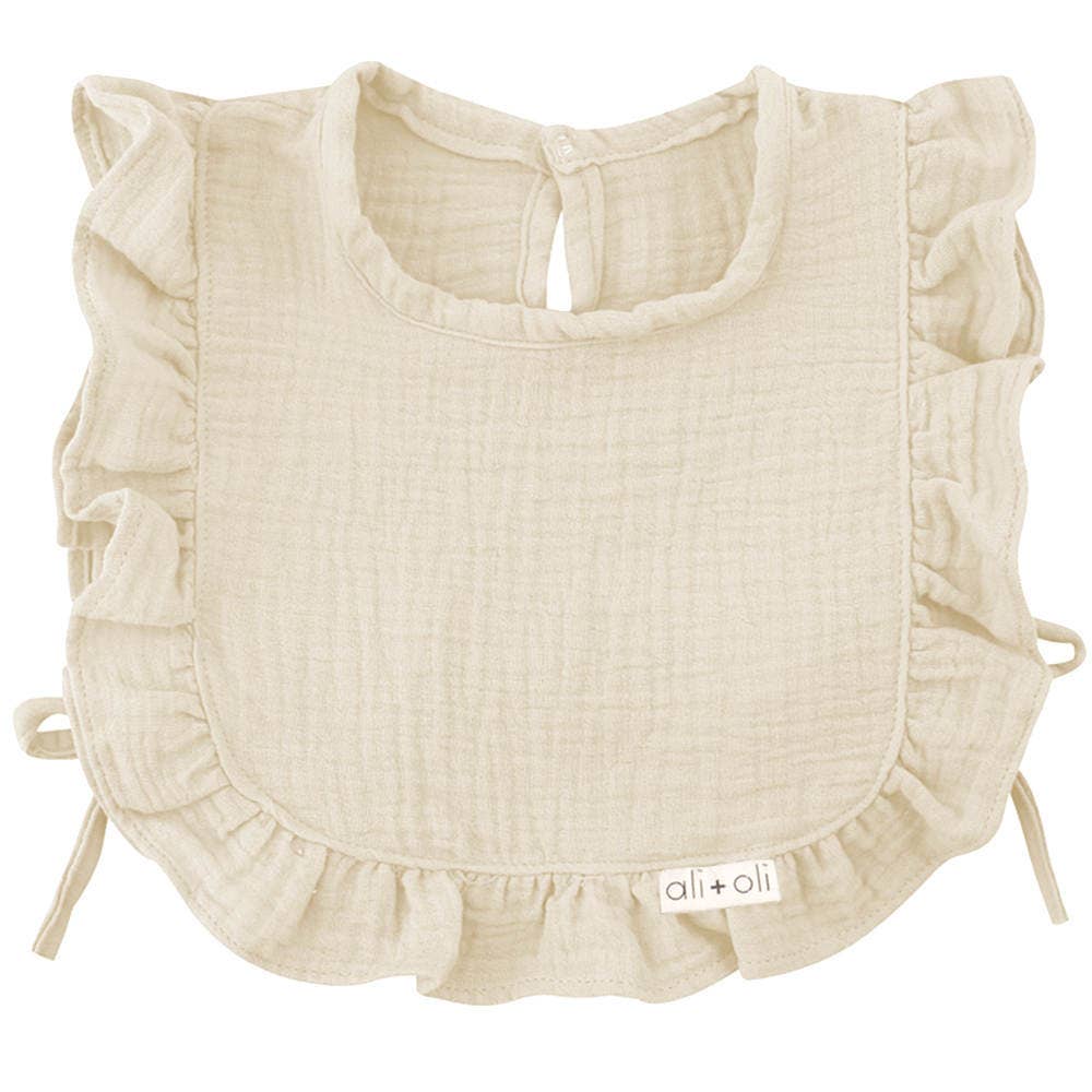 Front view of Muslin Cotton Ruffle Baby Bib