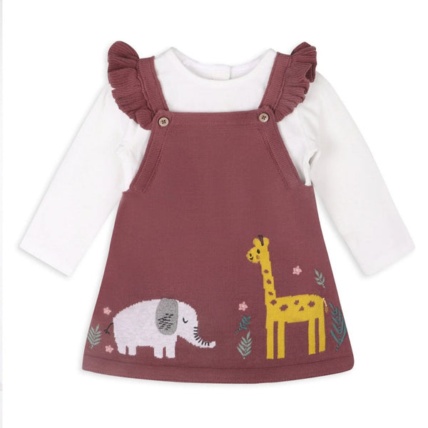Giraffe Elephant Buddy Baby Tunic Dress & Bodysuit Set in off-white organic cotton with ruffle detail and animal appliqué for baby girls
