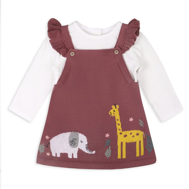 Giraffe Elephant Buddy Baby Tunic Dress & Bodysuit Set in off-white organic cotton with ruffle detail and animal appliqué for baby girls