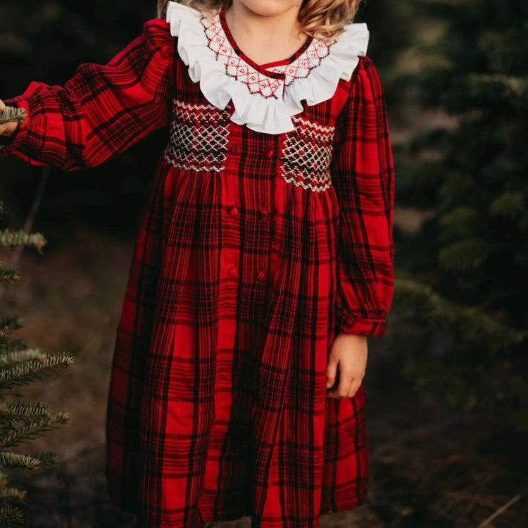 Girls Plaid Hand Smocked Dress, Double Breasted | Lesavan