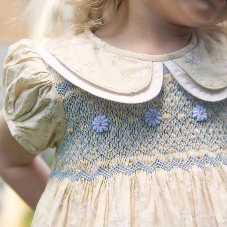 
                    
                      Girls toddler Yellow Floral Smocked Dress, Rose Embroidery | Lesavan
                    
                  