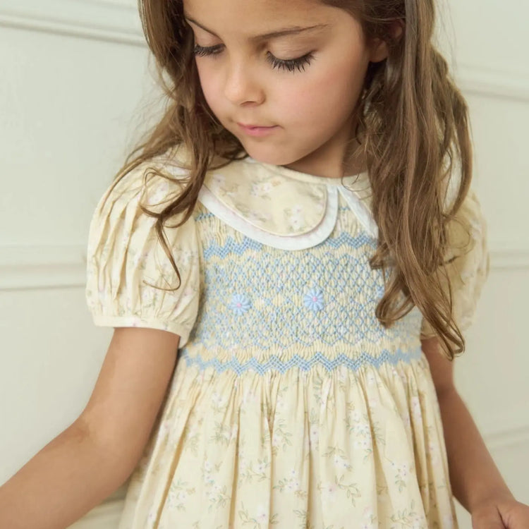 
                    
                      Girls toddler Yellow Floral Smocked Dress, Rose Embroidery | Lesavan
                    
                  
