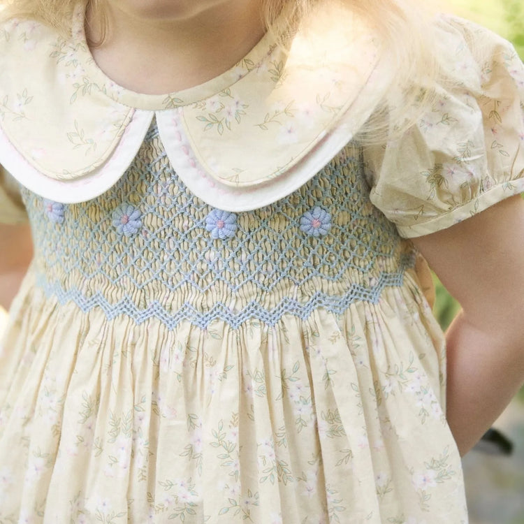 
                    
                      Girls toddler Yellow Floral Smocked Dress, Rose Embroidery | Lesavan
                    
                  