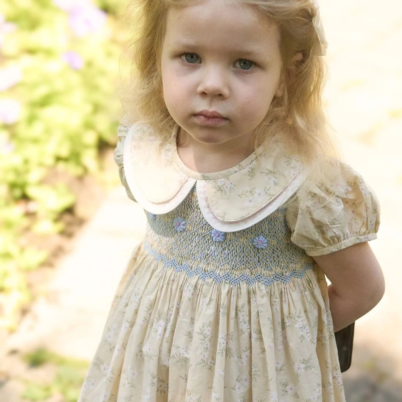 Girls toddler Yellow Floral Smocked Dress, Rose Embroidery | Lesavan