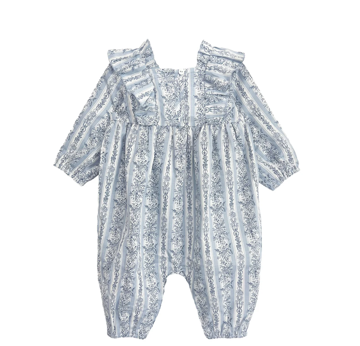 Infant romper in soft blue with ruffle accents