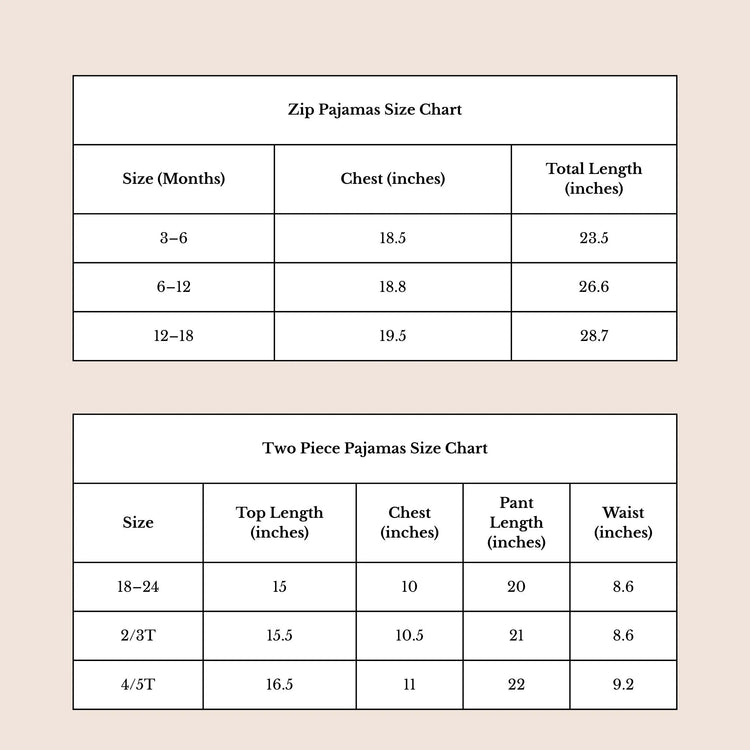 Size charts for Amoere Zip Pajamas and Amore Two Piece Pajamas on a beige background