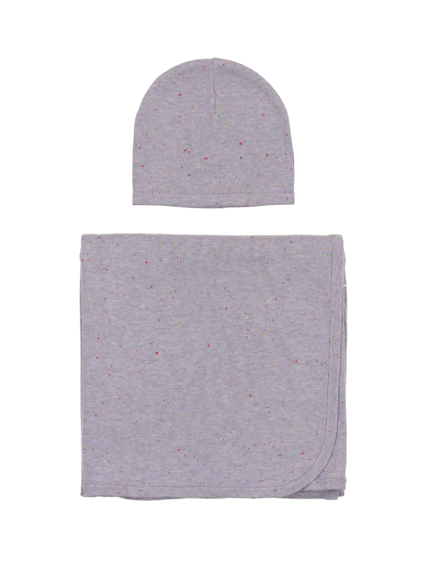 Lavender Speckled Blanket & Hat Set folded neatly on white background