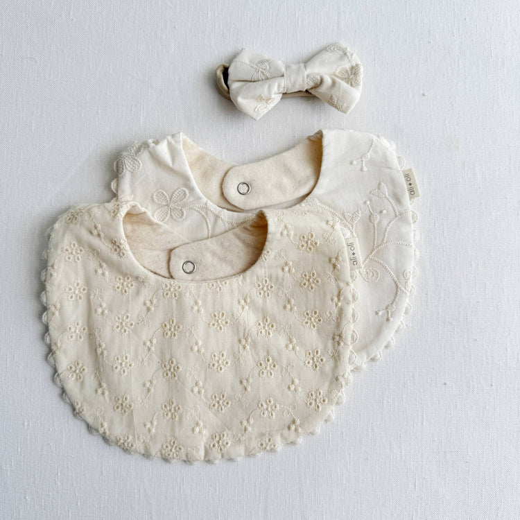 Muslin Eyelet Flowers Bib - Olive Sprout Kids -Cotton Baby Girl Bib - Reversible Double-Sided - Eyelet Flower Pattern