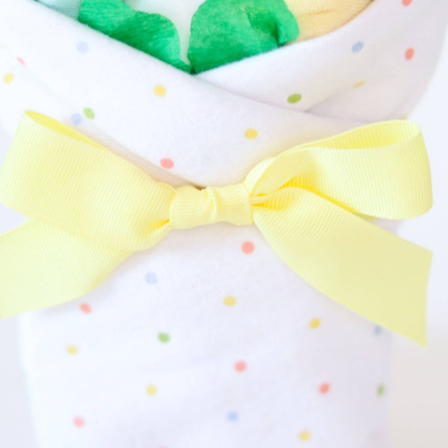 Neutral Dots Blossom Bouquet, gender-neutral baby gift bouquet handcrafted from diapers, socks, bodysuit, blanket, and washcloths in soft neutral dots