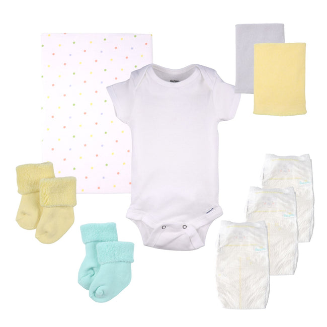 Neutral Dots Blossom Bouquet, gender-neutral baby gift bouquet handcrafted from diapers, socks, bodysuit, blanket, and washcloths in soft neutral dots