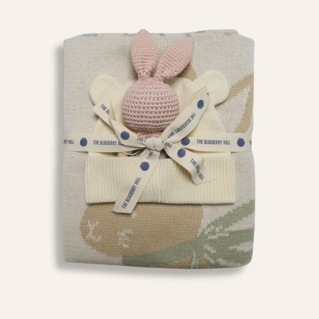 Pastel Floral Baby Blanket Hat Teether Gift Set (Organic Cotton)