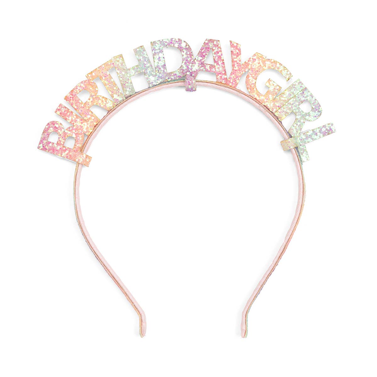 Pastel rainbow Birthday Girl headband on white background