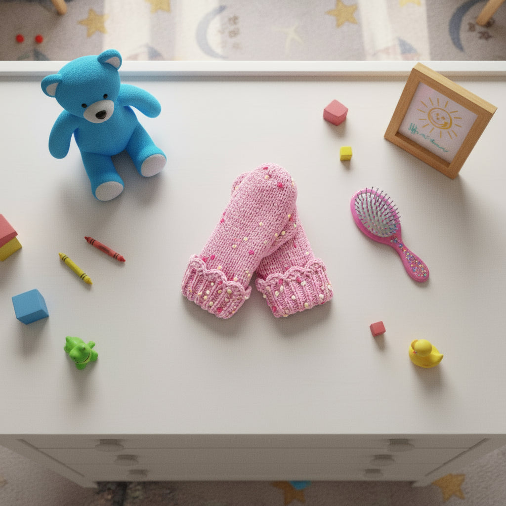 Pink Confetti Cutie Mittens with colorful sprinkled knit and lace foldover edge