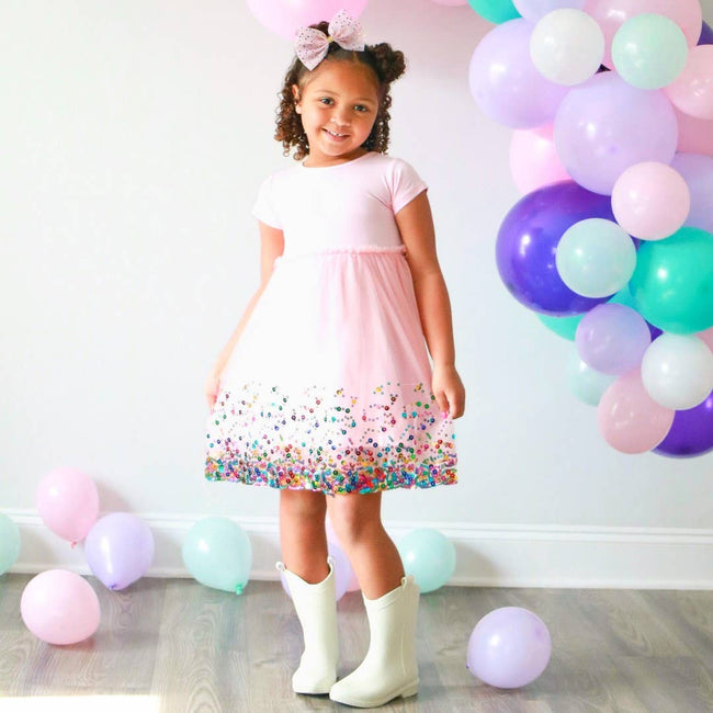Pink birthday tutu dress for toddler girl with confetti print and fluffy skirt