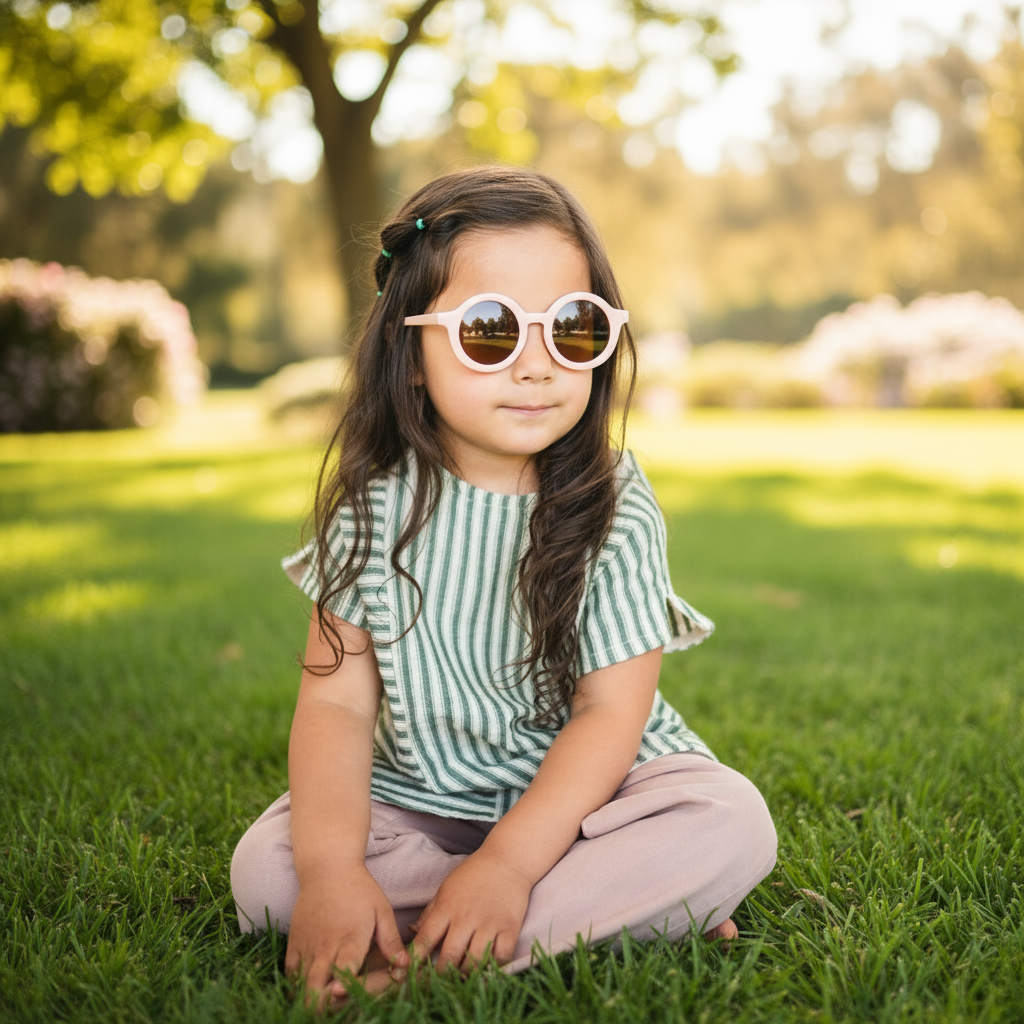 Recycled plastic Pink Sunglasses for Kids– UV-blocking toddler eyewear for sunny days.