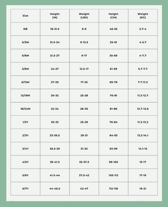 Size chart for children's clothing with height, weight, and age measurements on a green background.