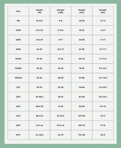 Size chart for children's clothing with height, weight, and age measurements on a green background.