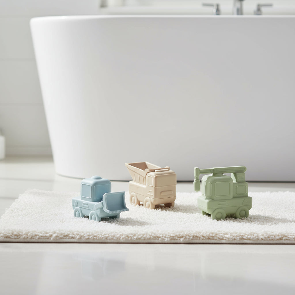 Silicone construction vehicles bath toy set