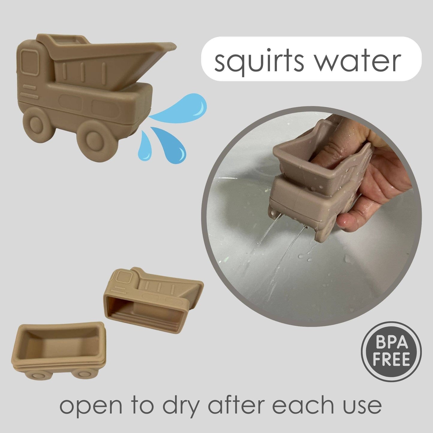 Silicone construction vehicles bath toy set shown in water