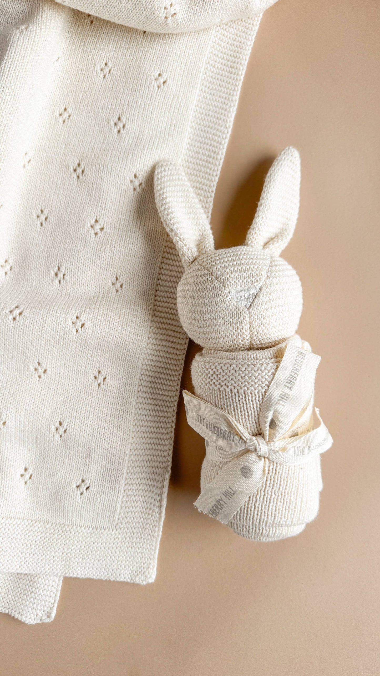 Soft organic cotton cream baby blanket and blush bunny lovey gift set