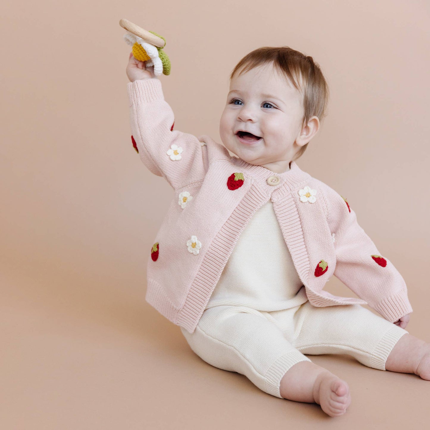 Baby Girl Pink Strawberry Flower Cardigan in blush cotton knit