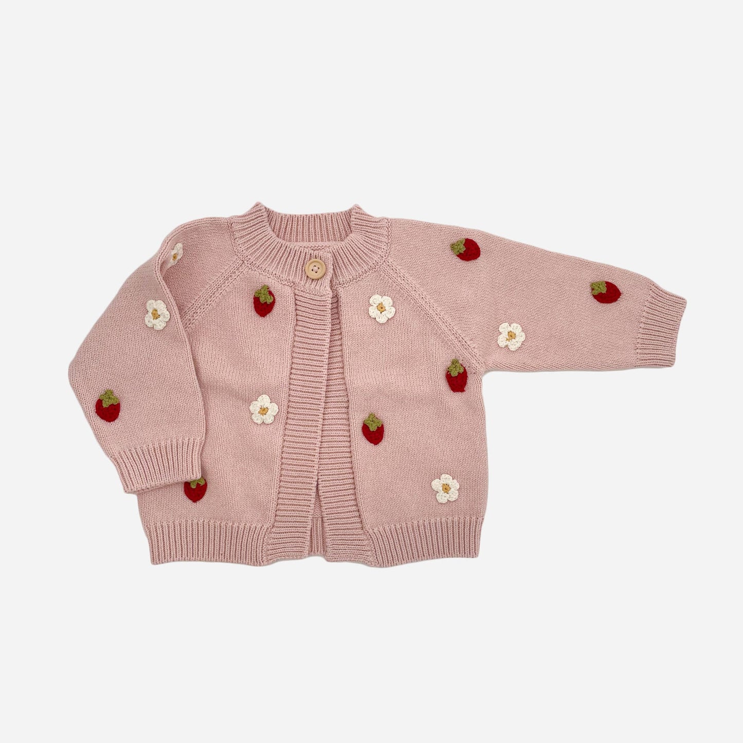 Baby Girl Pink Strawberry Flower Cardigan with embroidered strawberries and flowers
