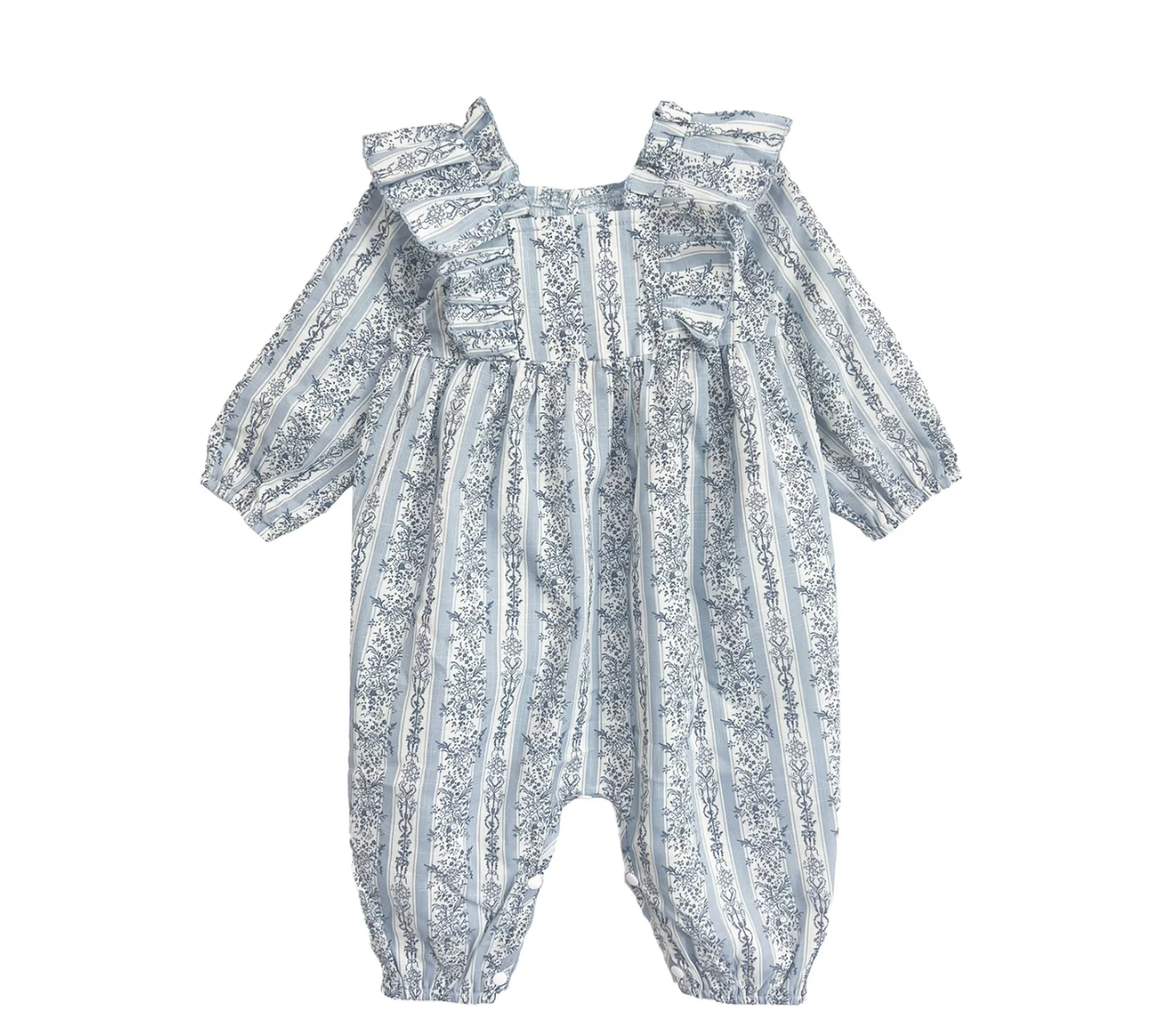 Close-up snaps on baby blue romper & headband set for easy changes