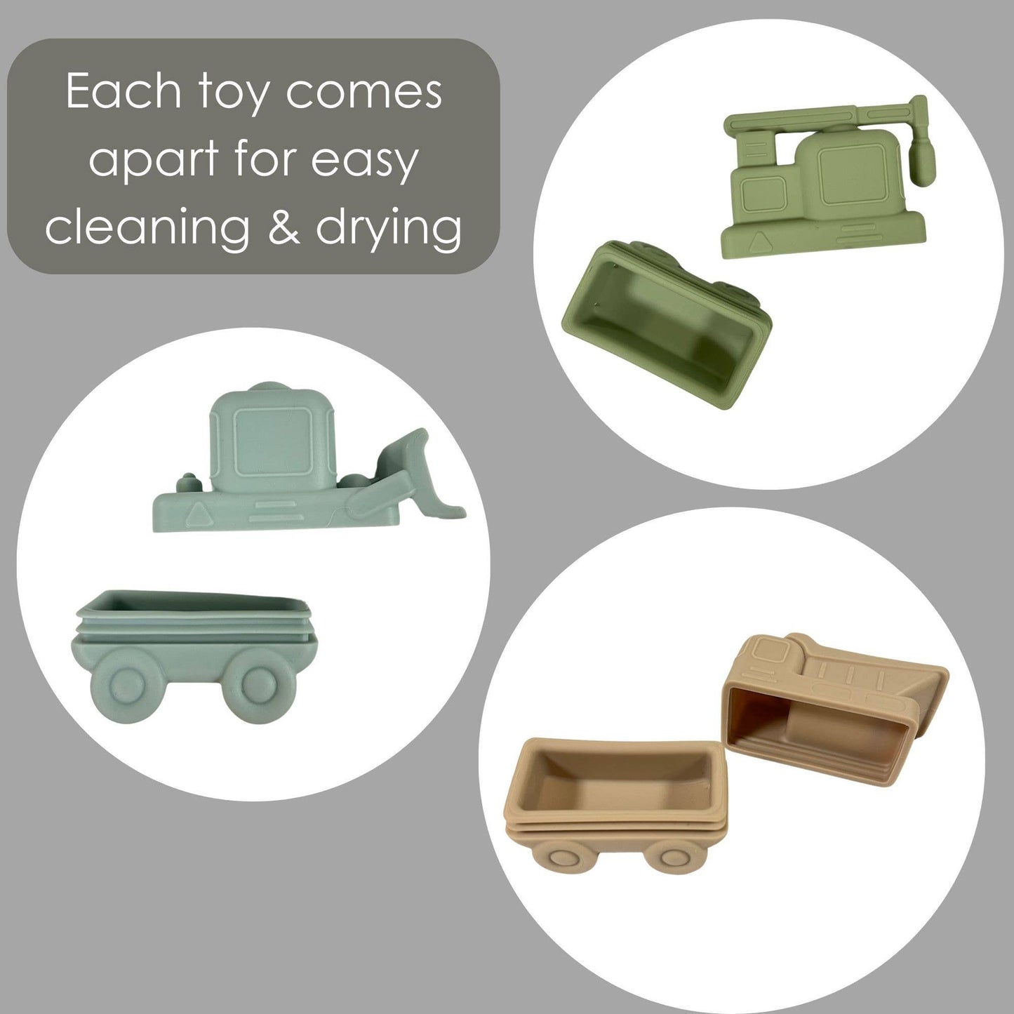 Three-piece silicone construction vehicles bath toy set including dump truck, cement mixer, and excavator