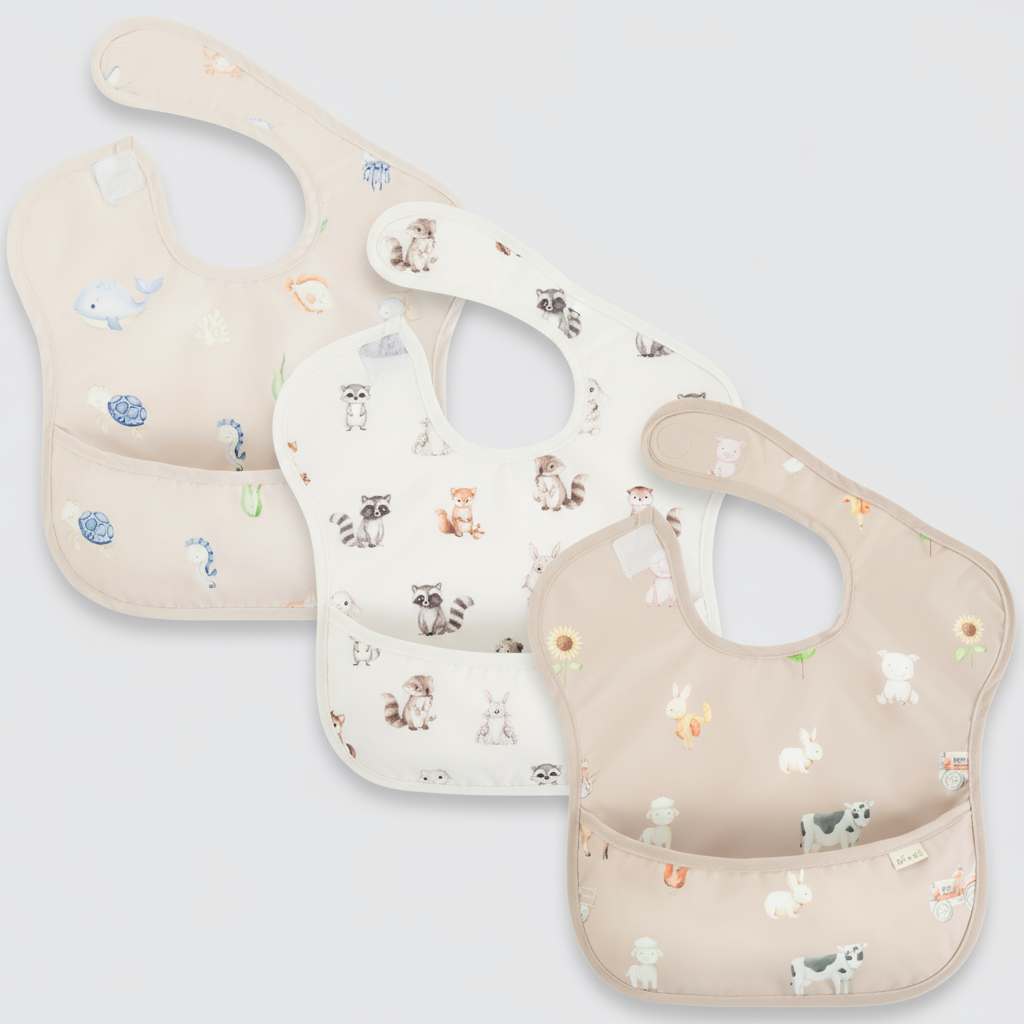 Waterproof animal print sleeveless bib set with crumb-catch pocket