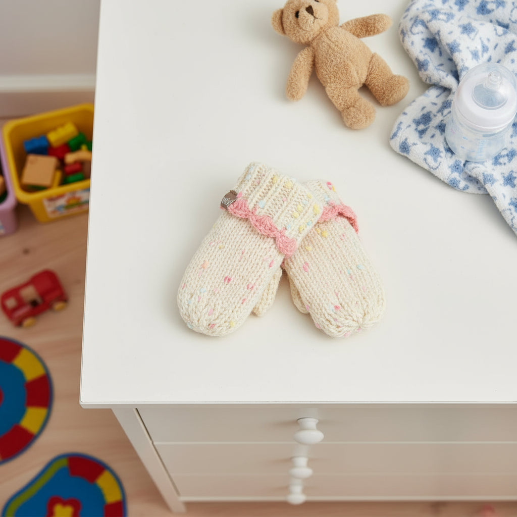 White Confetti Cutie Mittens with colorful sprinkle knit and lace foldover edge