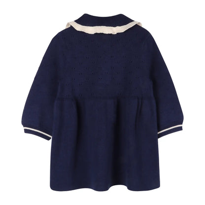 Organic Baby Sweater Knit Dress with Ruffle Collar – Navy Blue | Olive Sprout Kids