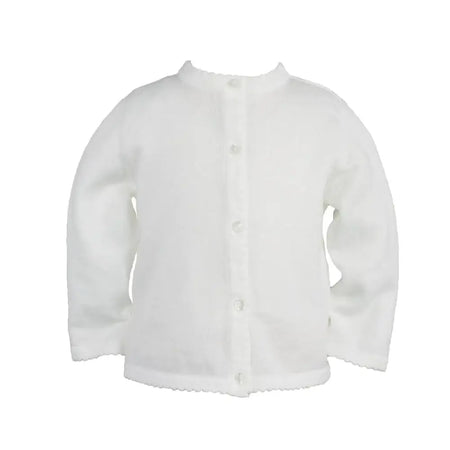 Petit Ami Scalloped Edge Cardigan Sweater shown as a classic baby cardigan for layering Baby Girl Scalloped Edge Knit Cardigan
