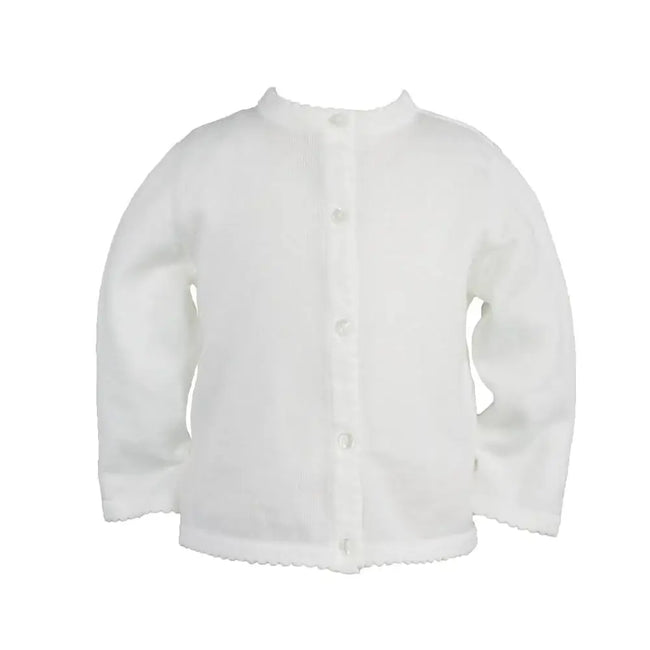 Petit Ami Scalloped Edge Cardigan Sweater shown as a classic baby cardigan for layering Baby Girl Scalloped Edge Knit Cardigan