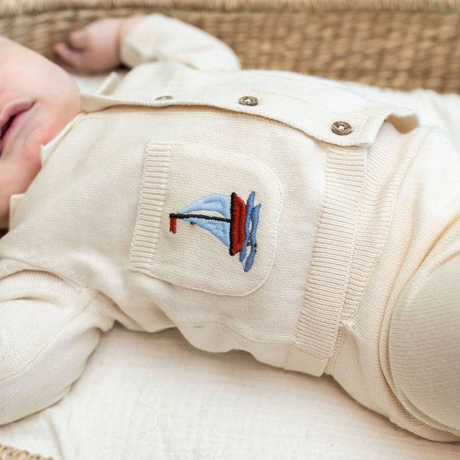Sailboat Embroidered Pocket Baby Shirt & Pants Set, Viverano Organics nautical baby boy organic cotton button-front shirt with sailboat embroidered pockets and matching pants