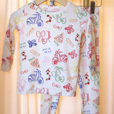 Amore Bamboo Two-Piece Pajamas. Toddler heart print sleepwear set with long sleeve top and pants.
