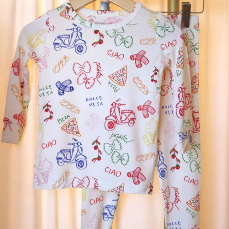 Amore Bamboo Two-Piece Pajamas. Toddler heart print sleepwear set with long sleeve top and pants.