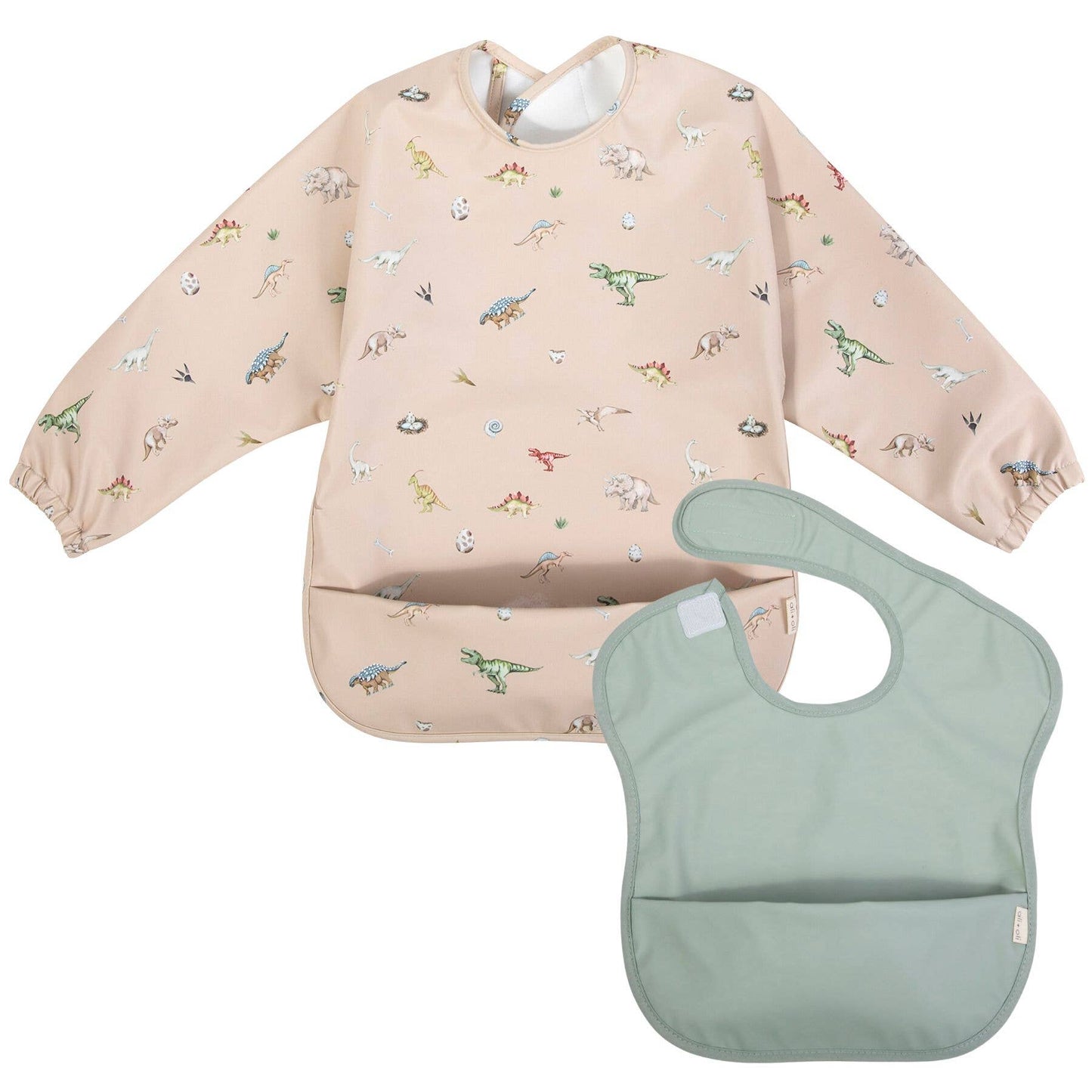 aterproof Dinosaur Print Smock Bib set for babies and toddlers